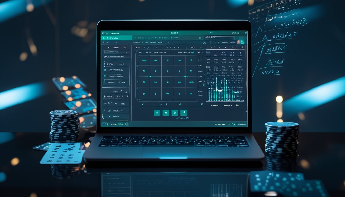 Meja kerja malam dengan laptop berisi permainan poker, kartu, chip, kalkulator, dan analisis grafik.
