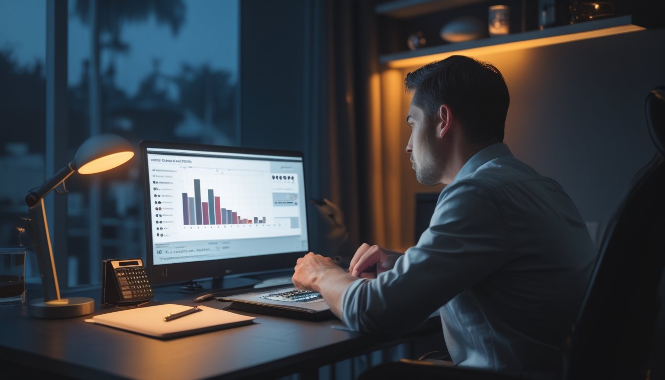 Pemain poker menganalisis data peluang kemenangan di laptop dengan kartu dan menyimpan poker di meja.