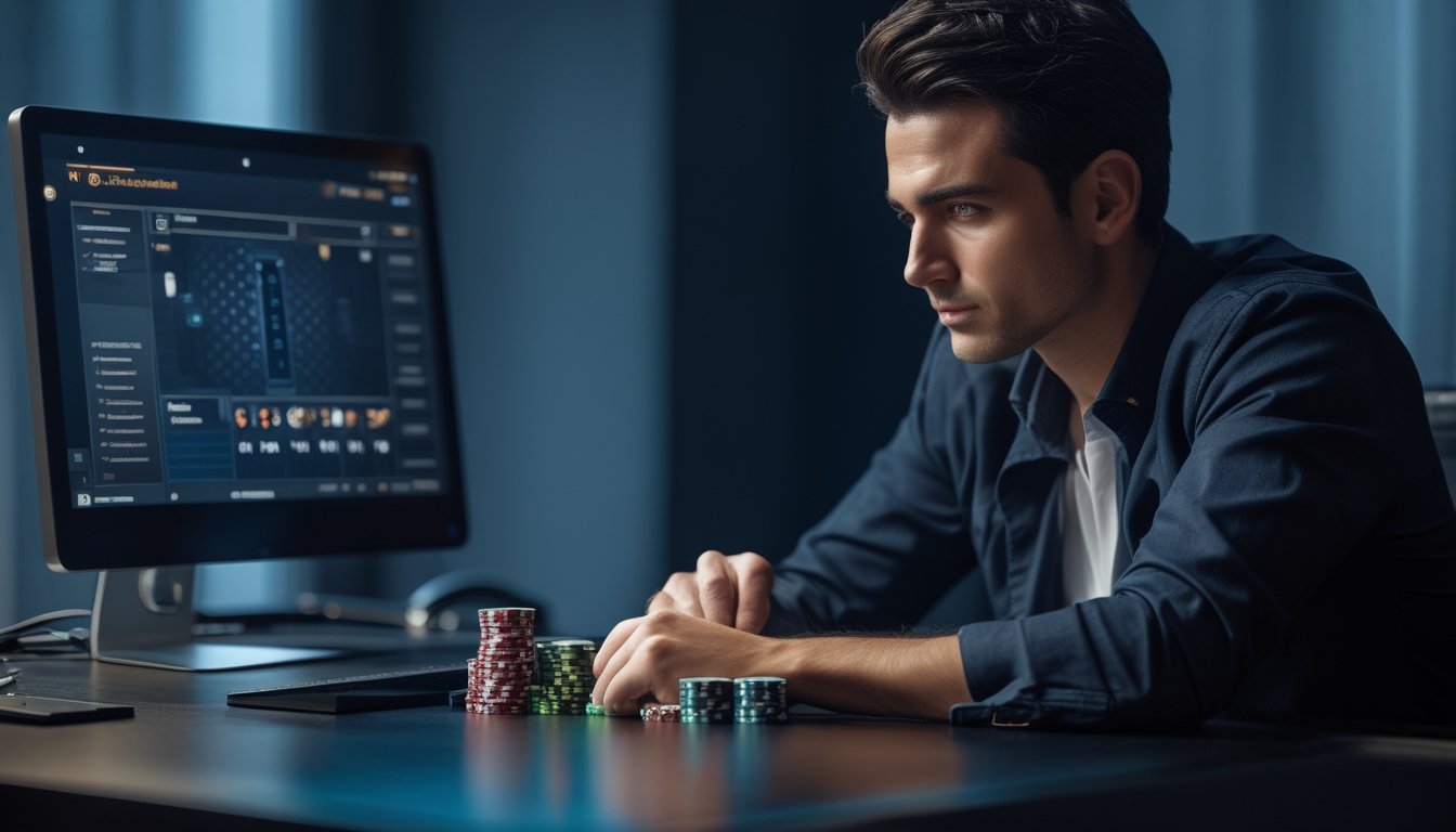 Seorang pemain poker dewasa mempelajari susunan kartu dan menyimpan taruhan di meja dengan laptop di depannya.