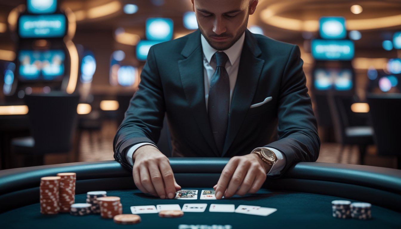 Pemain poker mengalami mengamati kartu dan tumpukan chip dengan tenang di meja kasino.