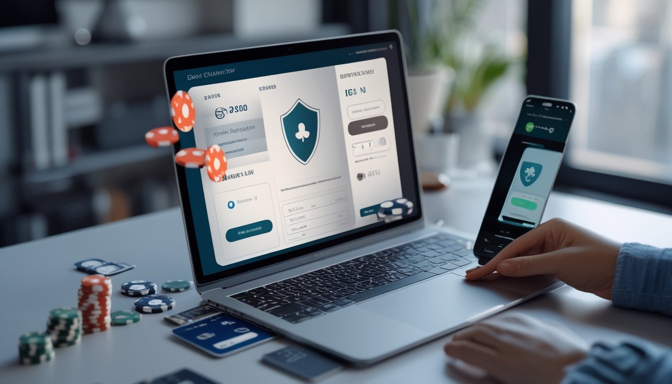 Laptop dan ponsel menampilkan proses transaksi digital yang aman dengan elemen permainan poker dan dompet elektronik di meja kerja modern.