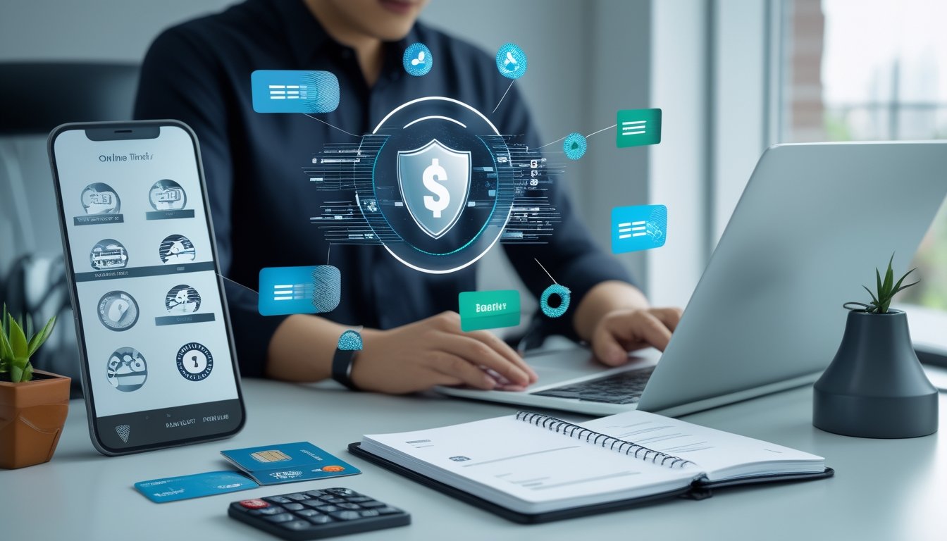Seseorang memeriksa proses transaksi digital yang aman di laptop dengan simbol perisai dan perangkat pembayaran di meja.