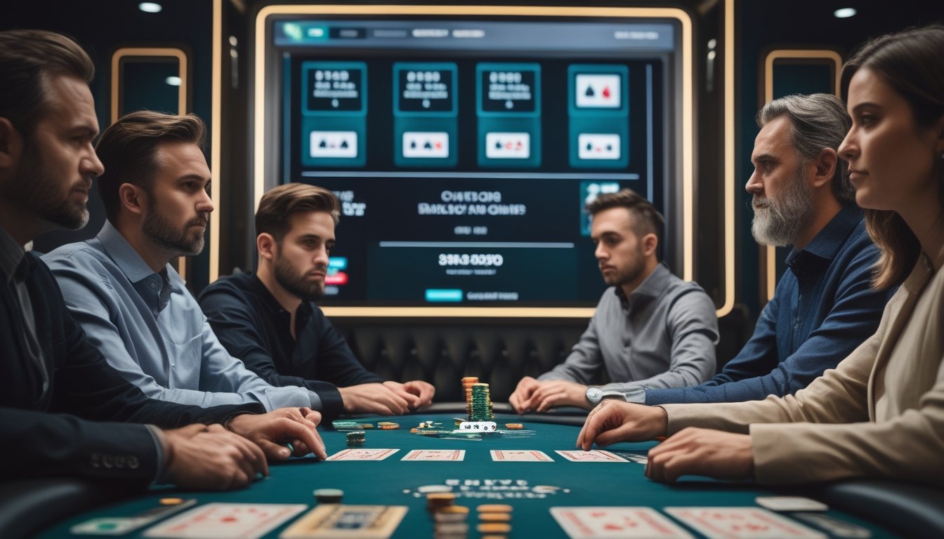 Sekelompok pemain dewasa bermain poker di meja dengan kartu dan tumpukan chip dalam suasana ruang permainan modern.
