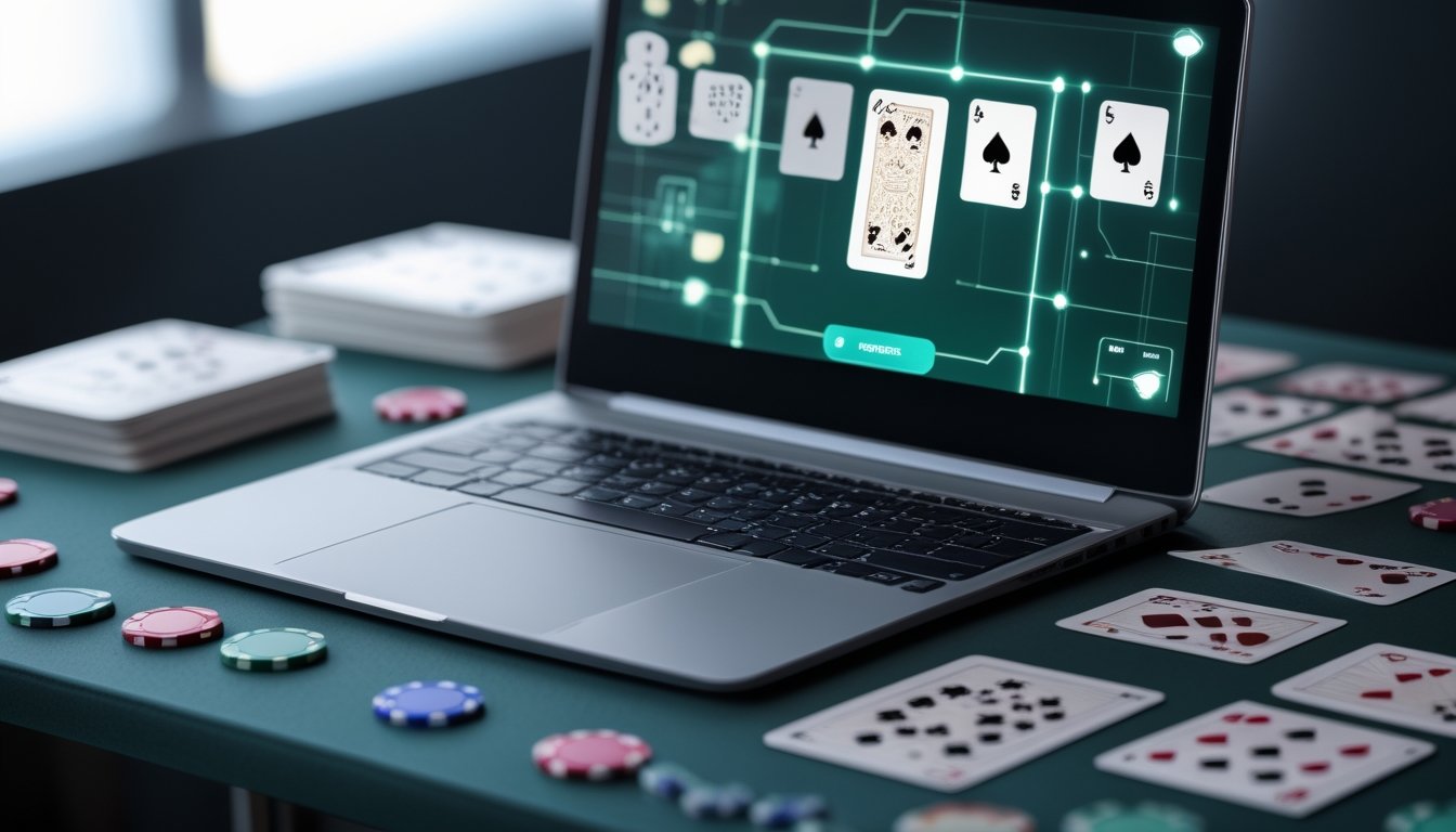 Laptop dengan tampilan permainan kartu abstrak, kartu remi, dan keping poker tersusun di atas meja.