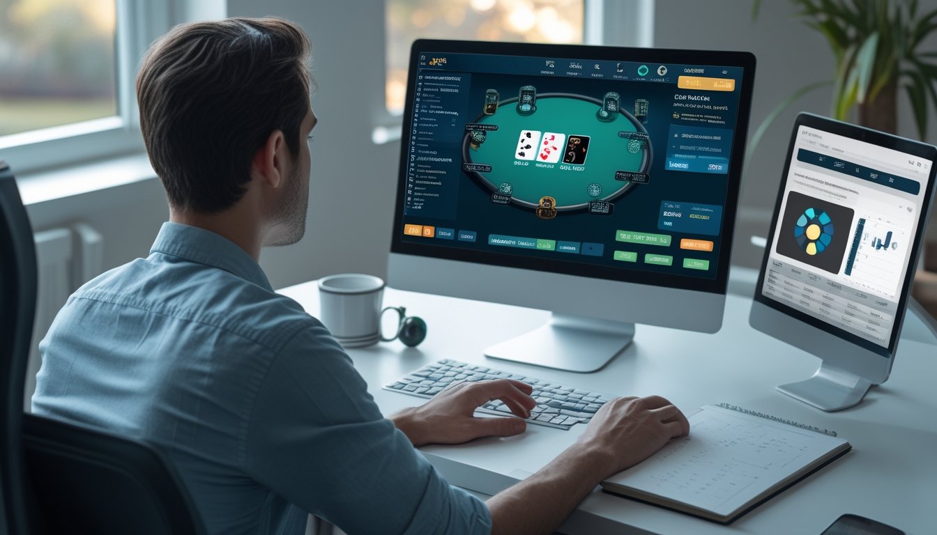 Seorang pemain membandingkan meja poker digital di laptop dalam ruang kerja modern.