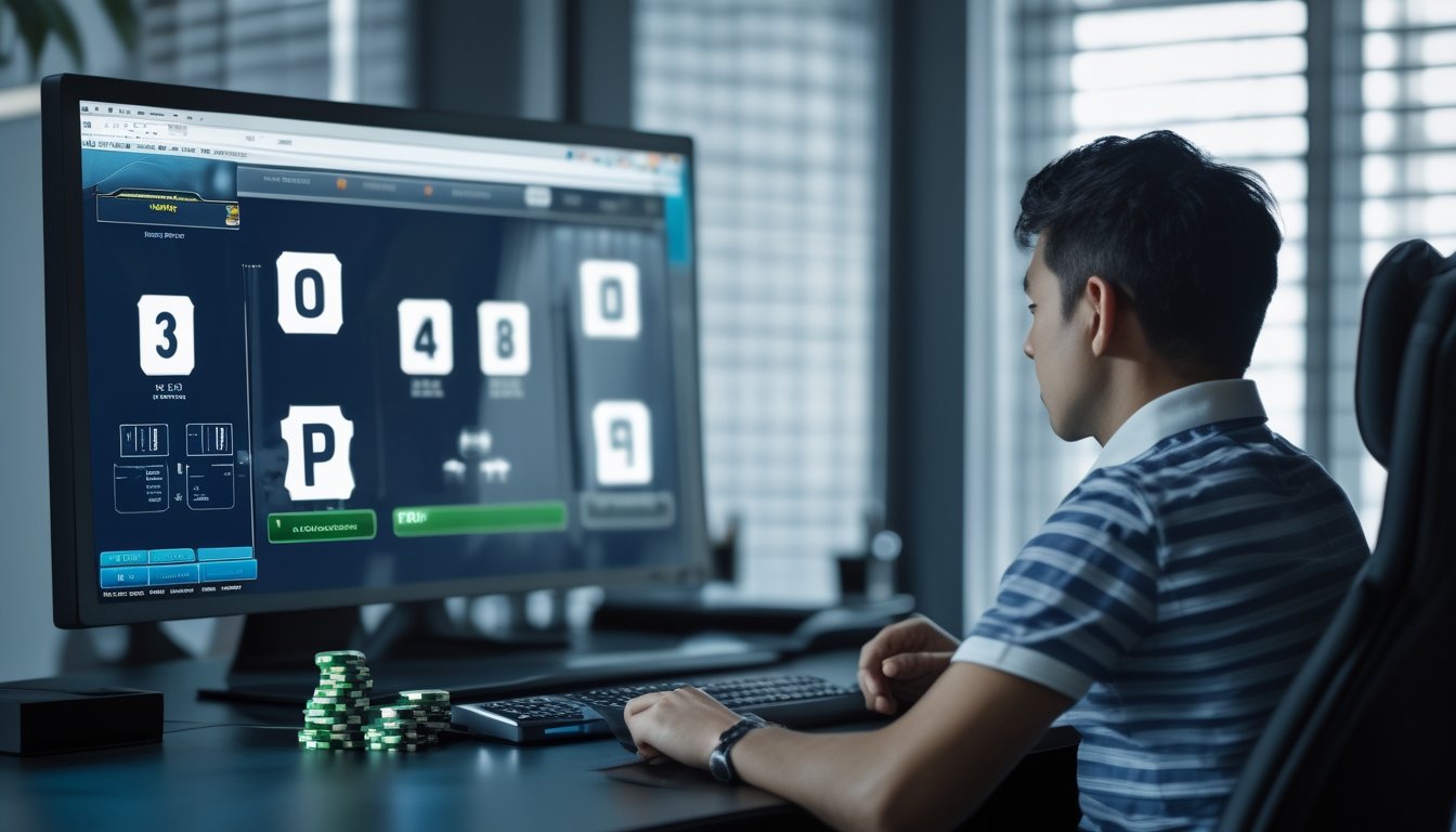 Seseorang dapat menentukan pilihan meja poker pada laptop di ruang kerja dengan catatan, kalkulator, dan simpanan poker.