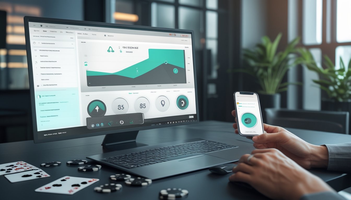 Meja kerja modern dengan laptop berisi grafik analitik poker, kartu remi, dan keping poker.