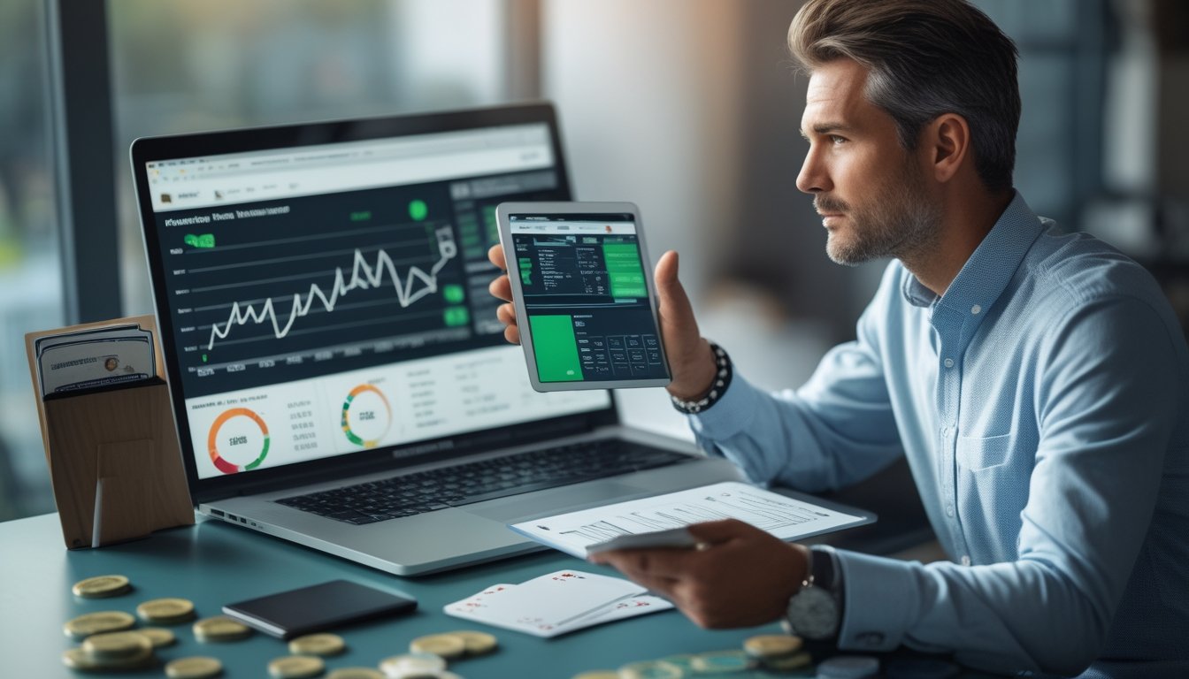 Seorang analis memeriksa data poker digital di laptop, termasuk kartu dan penyimpanan poker.