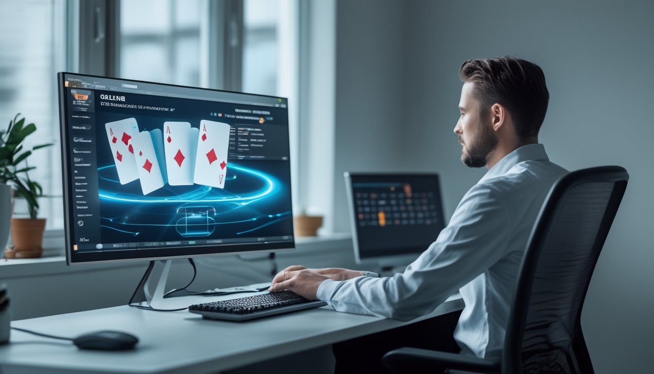 Seorang pemain melihat permainan poker online di komputer dengan router Wi-Fi dan kabel Ethernet di meja.
