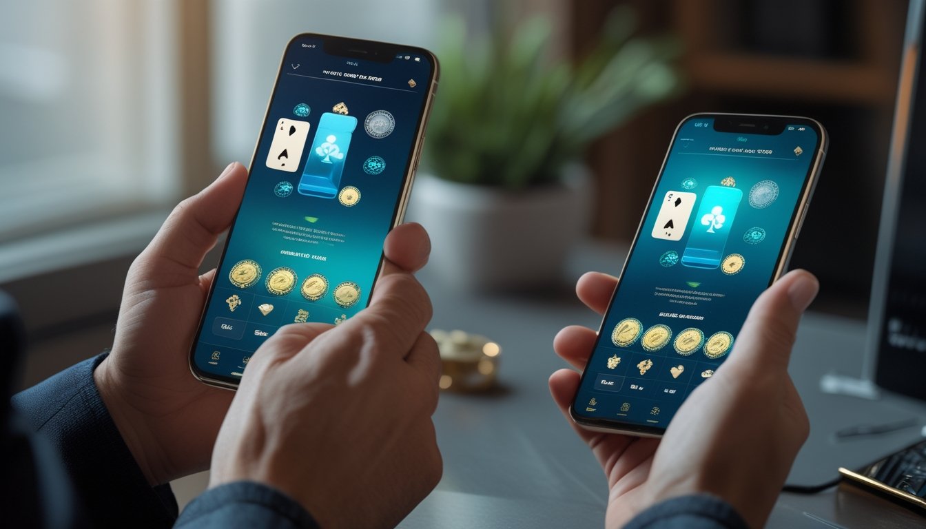 Orang dewasa menggunakan ponsel untuk memainkan aplikasi poker digital dengan elemen kartu dan chip di layar.