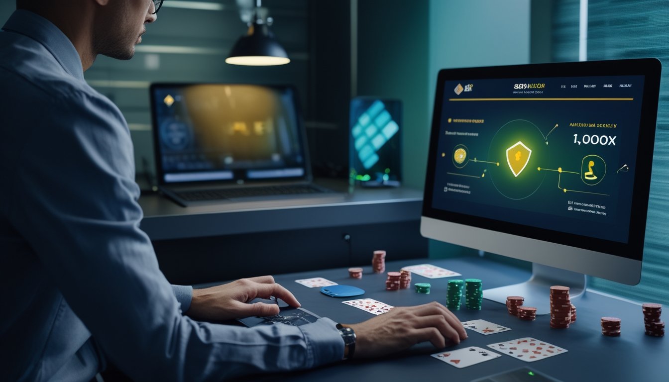 Seseorang melihat tampilan poker digital di laptop dan ponsel di meja kerja modern, dengan kartu dan menyimpan poker di sekitarnya.