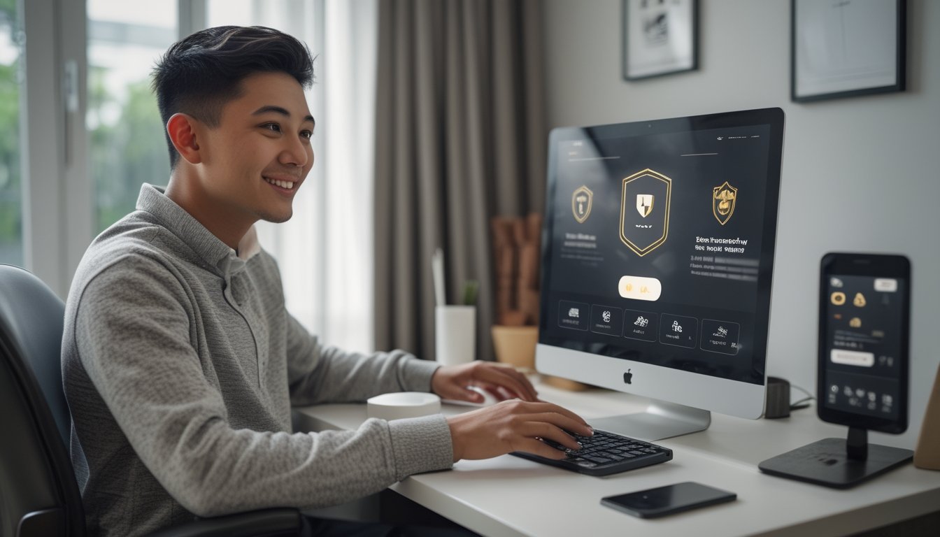 Orang dewasa tersenyum menggunakan laptop dengan tampilan permainan kasino digital di ruang kerja yang rapi.