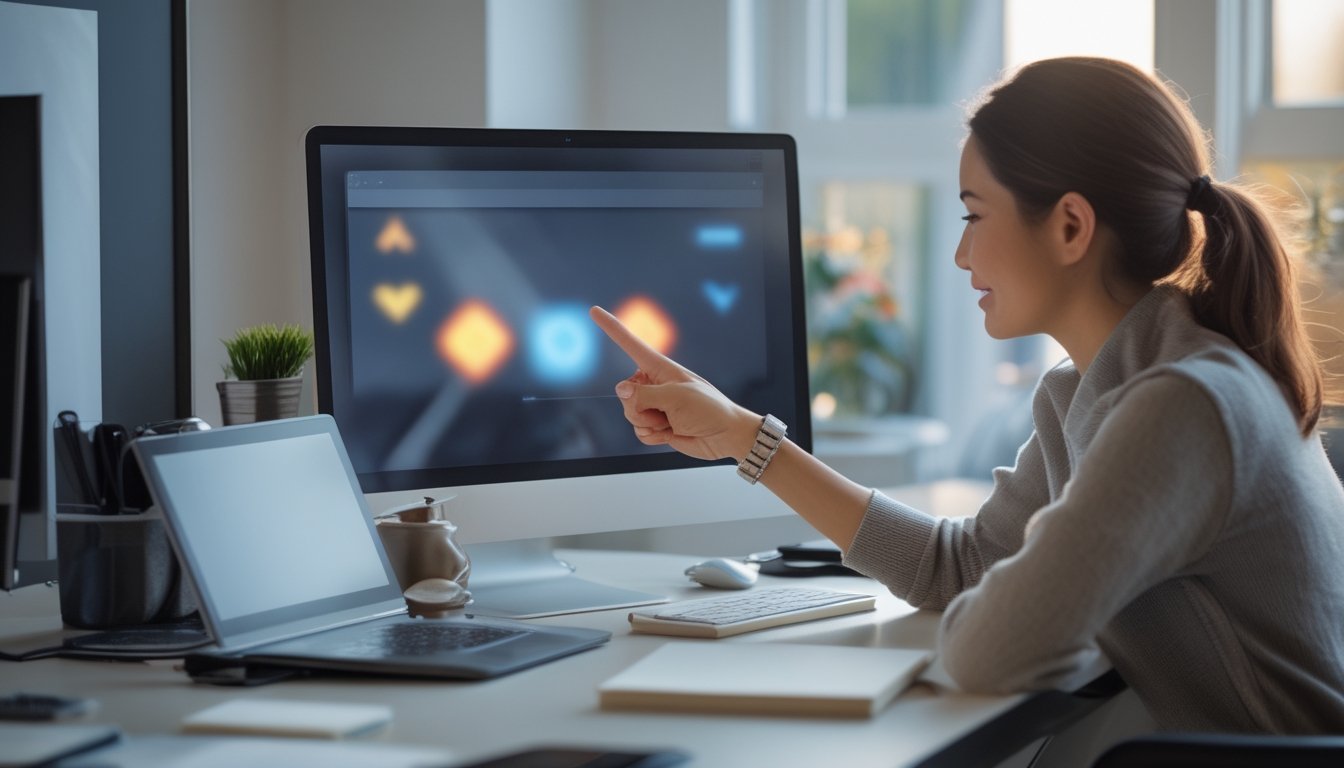 Pemula mempelajari platform kasino online di laptop dengan pendamping di ruang kerja modern.