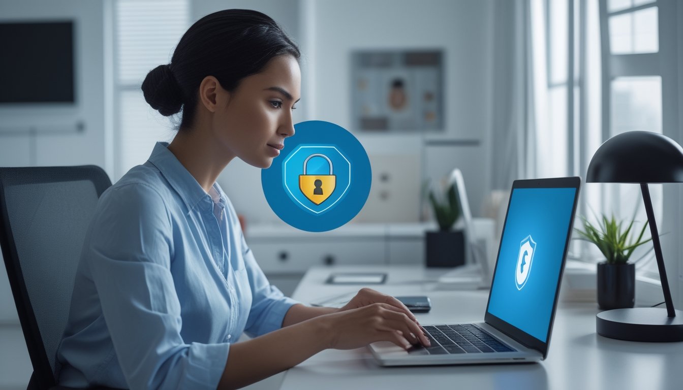 Orang dewasa memeriksa transaksi digital aman di laptop dengan simbol perlindungan pada ponsel.
