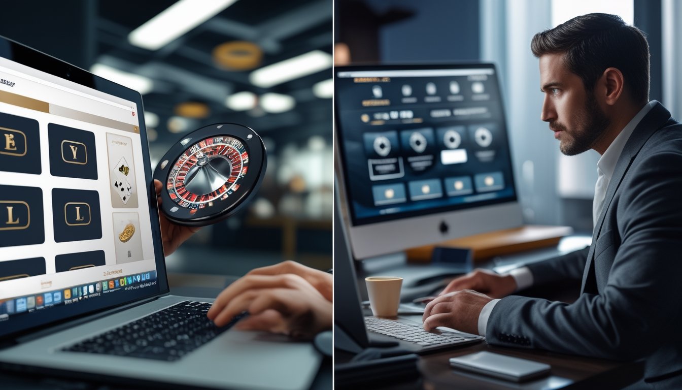 Seseorang membandingkan pengalaman kasino digital modern dengan situs agen biasa melalui dua perangkat komputer.