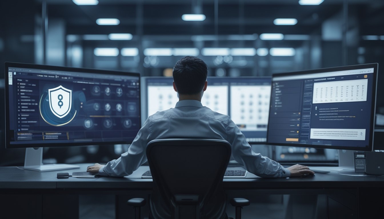 Seorang analis membandingkan dua tampilan platform digital, dengan satu tampilan terlihat modern dan aman serta tampilan lainnya lebih sederhana dan berantakan.