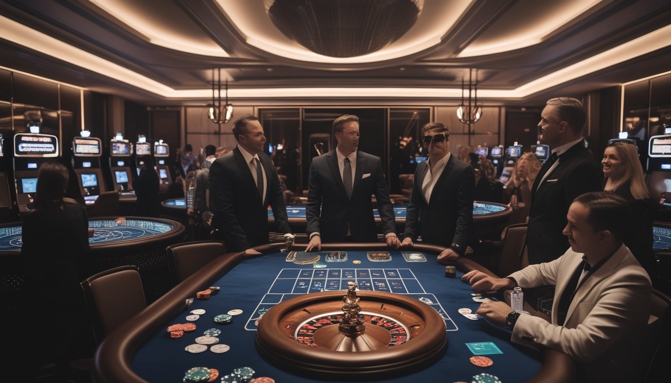Suasana kasino online premium dengan meja roulette, permainan slot digital, dealer, dan pemain dewasa.