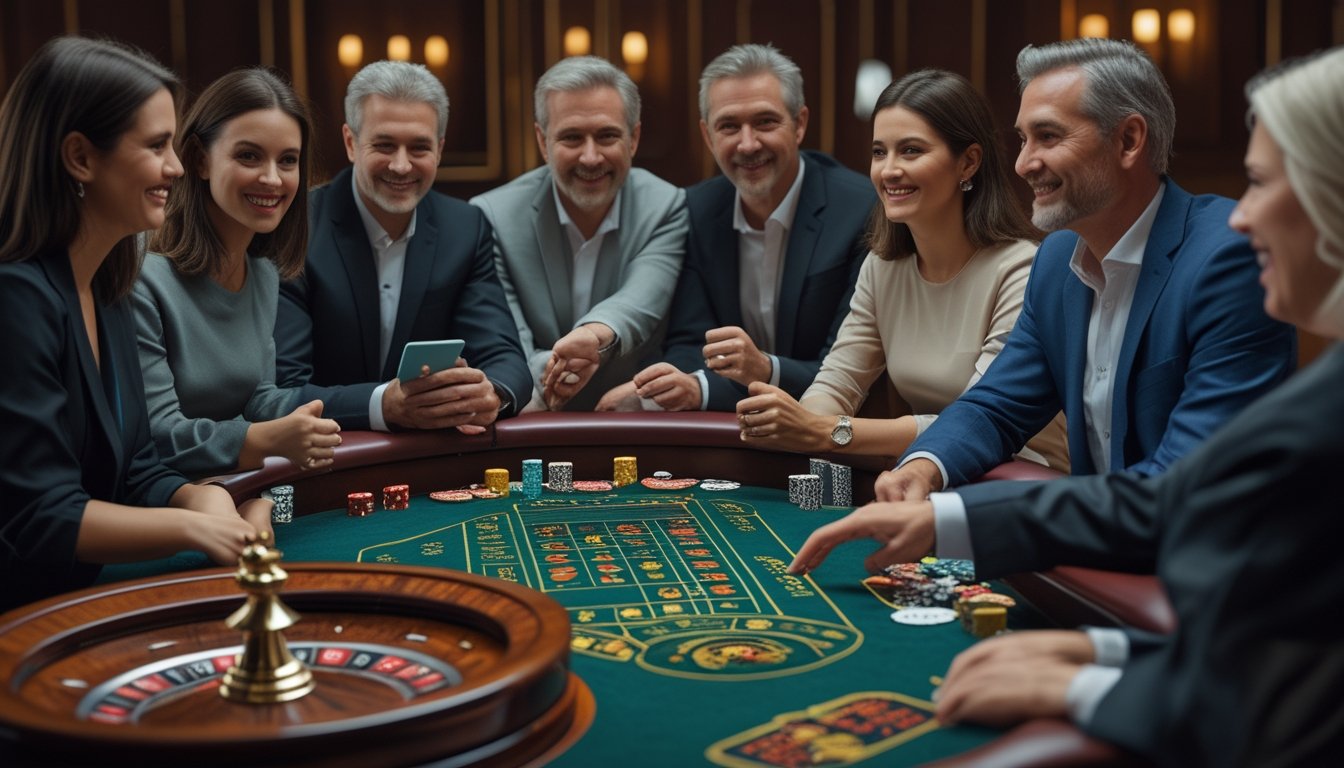 Orang dewasa bermain permainan meja klasik di meja kasino dengan kartu, chip, roda roulette, dan dadu.