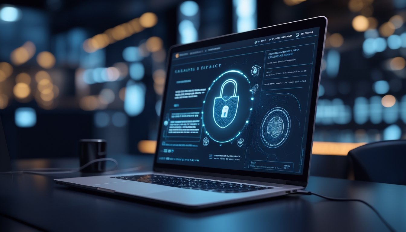 Perangkat digital dengan simbol perisai dan gembok yang melambangkan keamanan data serta privasi pengguna kasino online.