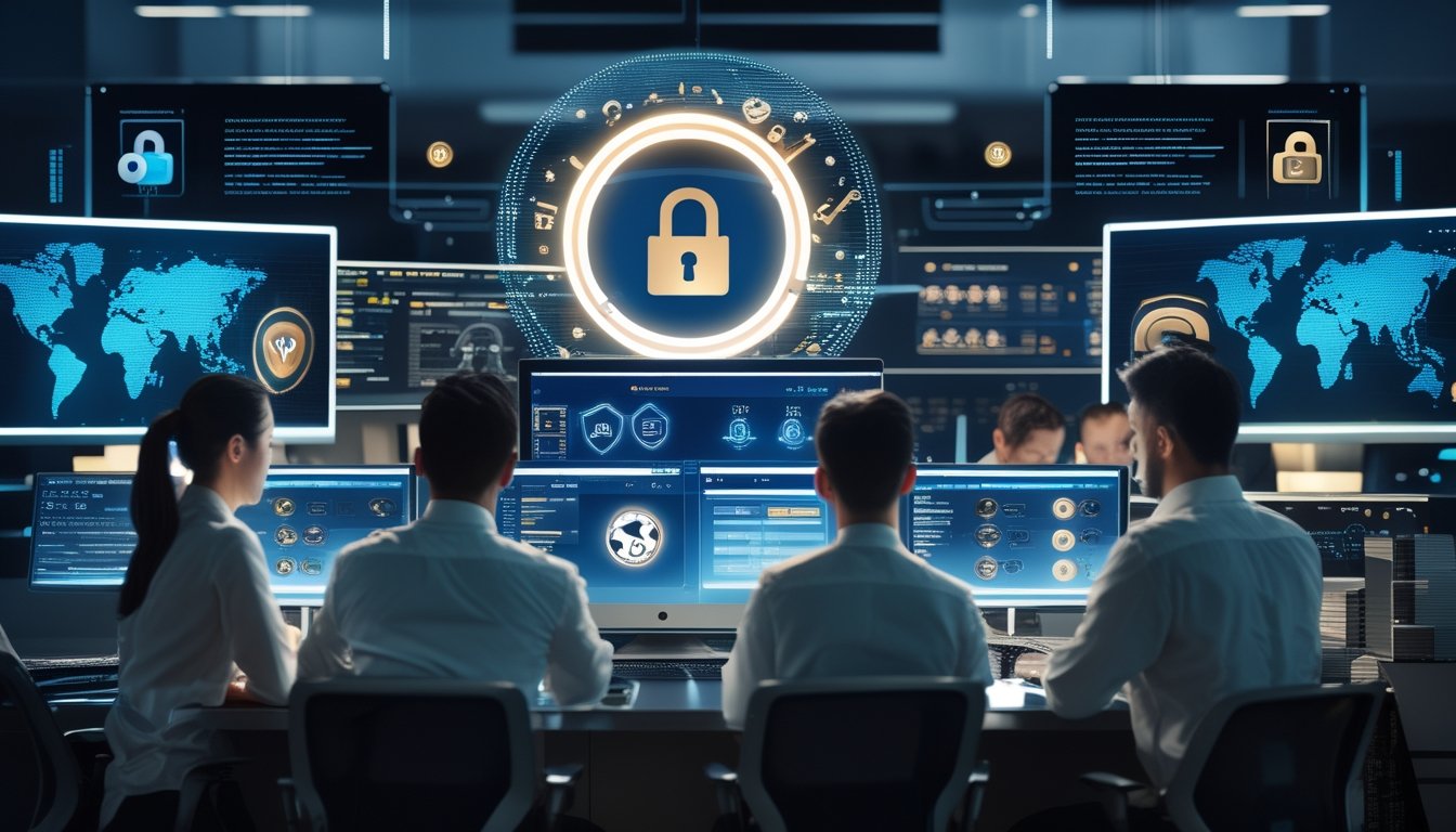 Tim keamanan siber memantau perlindungan data anggota dengan simbol perisai dan kunci digital.