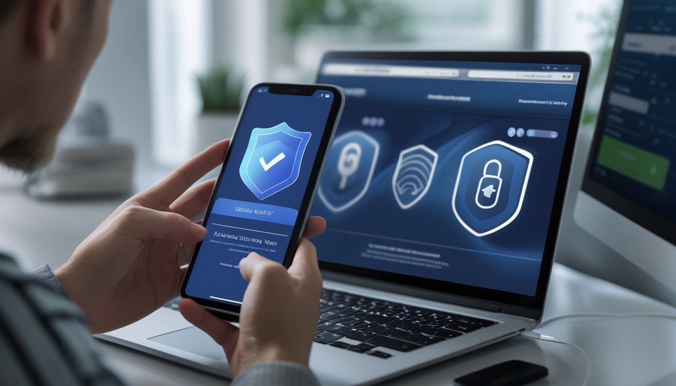 Seseorang memeriksa keamanan dan legalitas aplikasi kasino online melalui ponsel di ruang kerja.