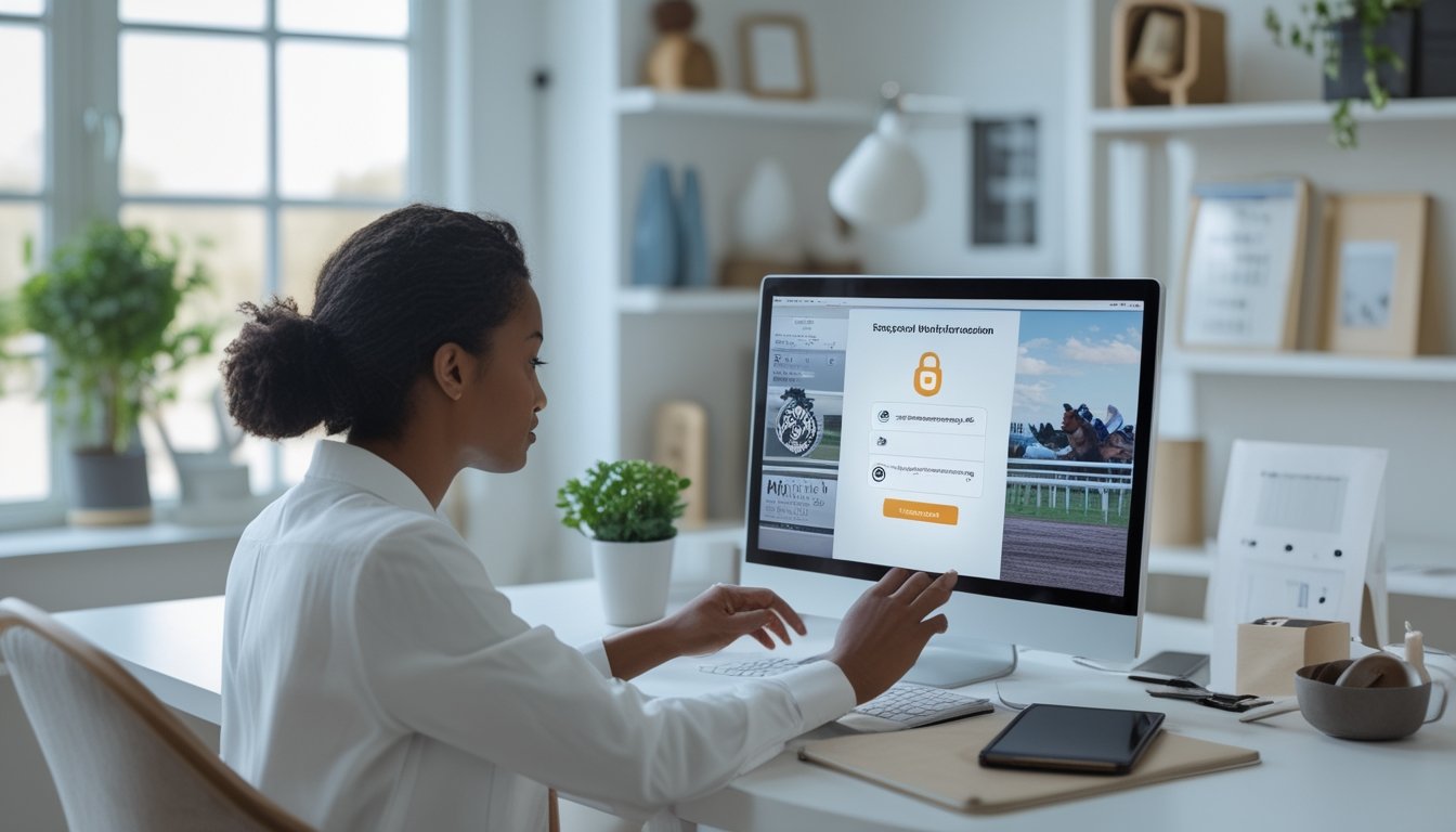Orang dewasa memeriksa keamanan dan verifikasi usia pada platform balap kuda online menggunakan laptop.