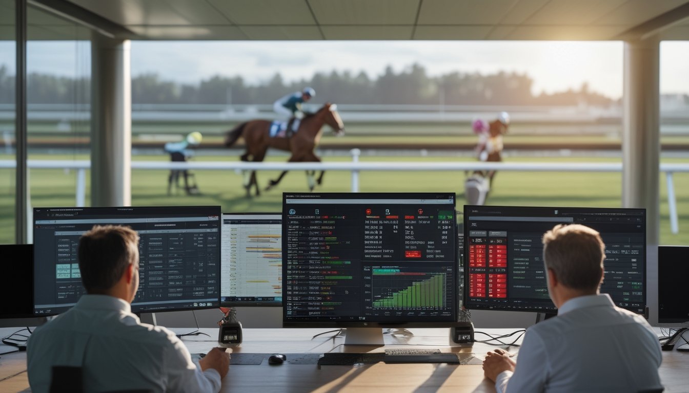 Analis dewasa memeriksa data peluang balap kuda di ruang kerja modern dengan lintasan balap di latar belakang.