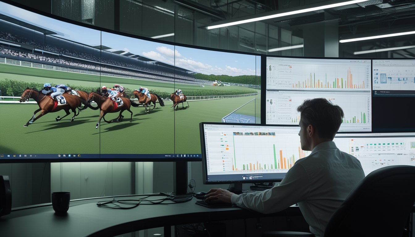 Seseorang mengamati simulasi balap kuda virtual di monitor komputer dengan grafik analisis.