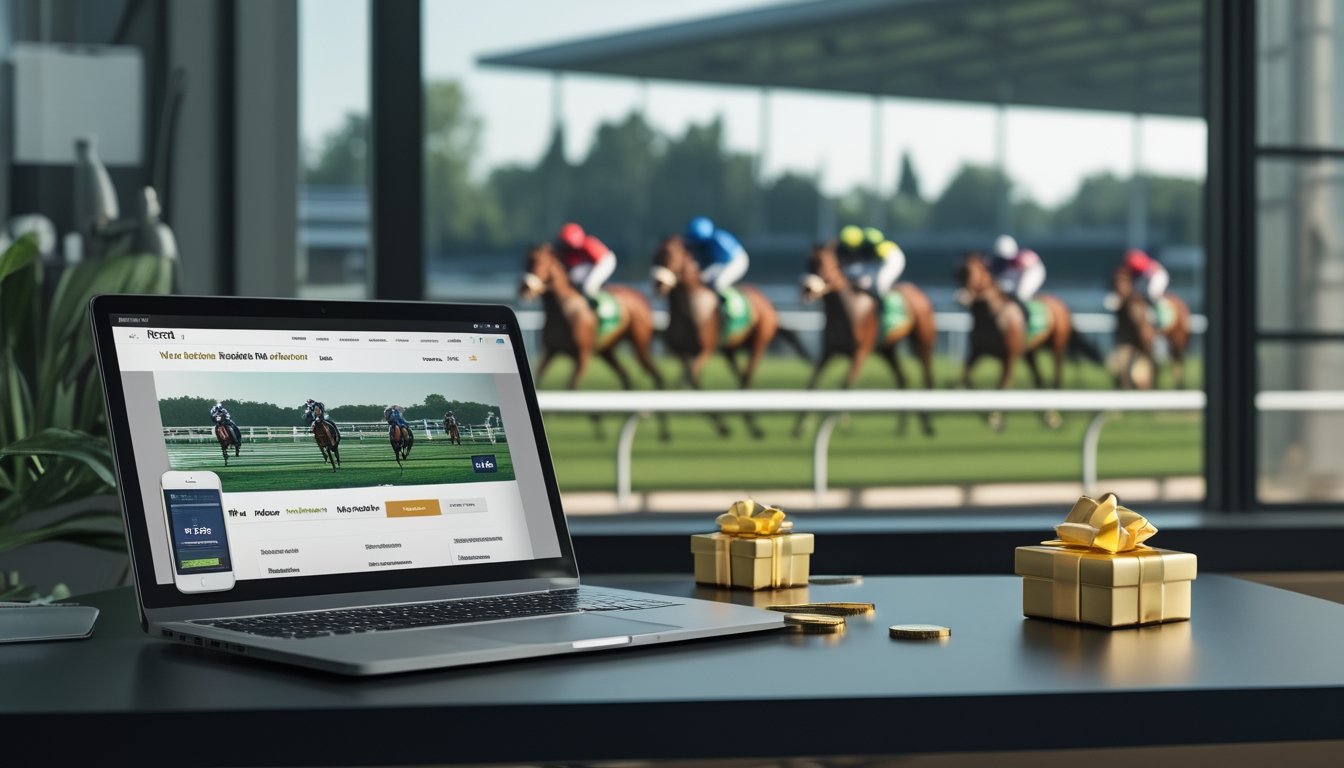 Laptop dan ponsel menampilkan antarmuka balap kuda dengan latar arena pacuan serta hiasan hadiah di atas meja.
