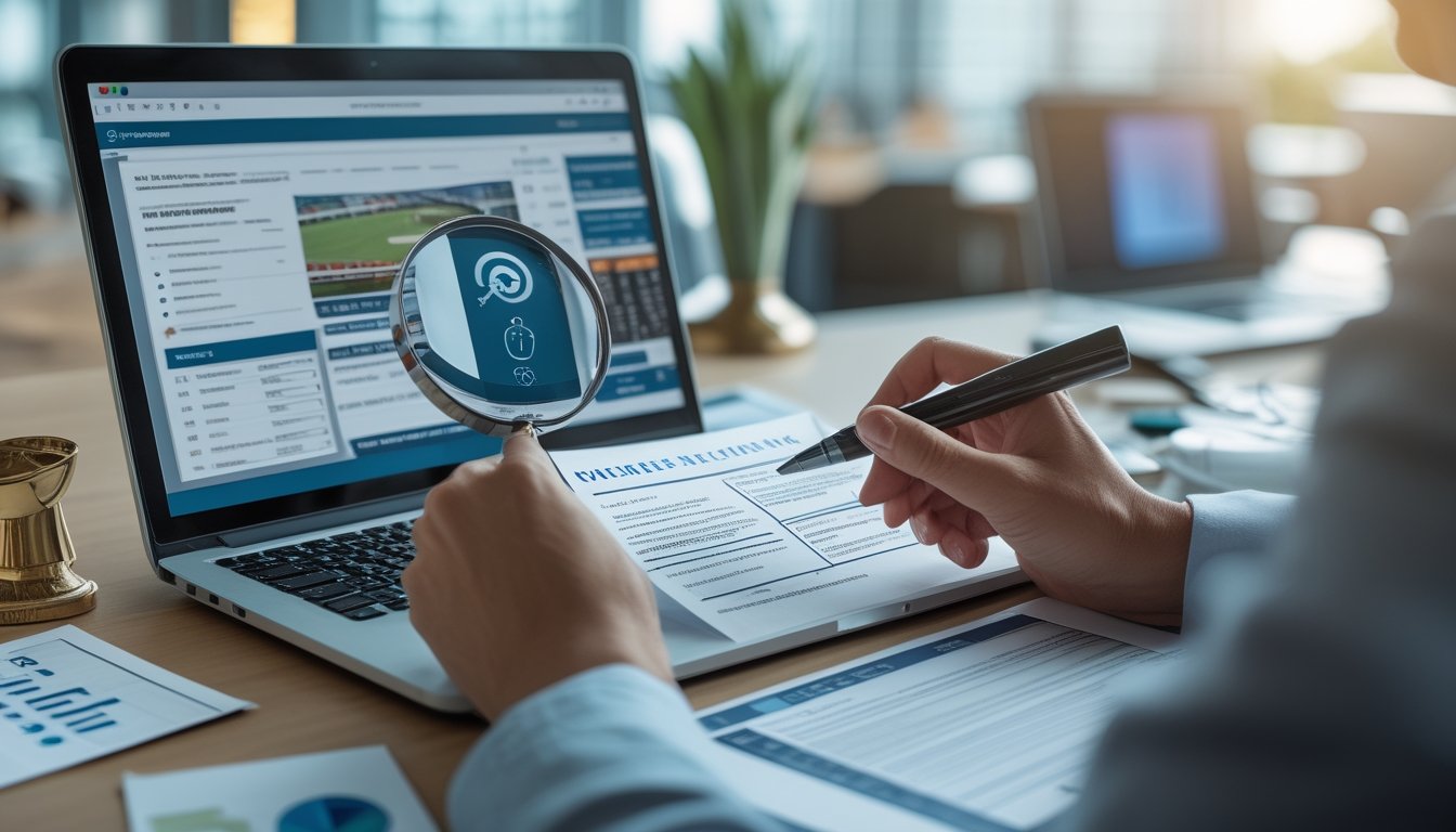 Seorang analis memeriksa kredibilitas platform balap kuda online menggunakan laptop, kaca pembesar, dan daftar periksa.