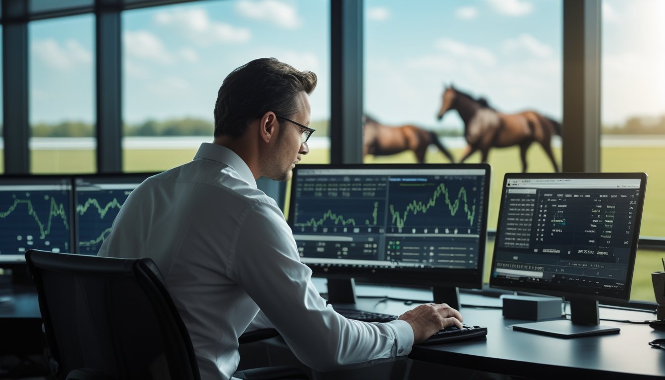 Seorang analis profesional mempelajari data balap kuda di depan beberapa monitor, dengan kuda-kuda berlari di lintasan pada latar belakang.