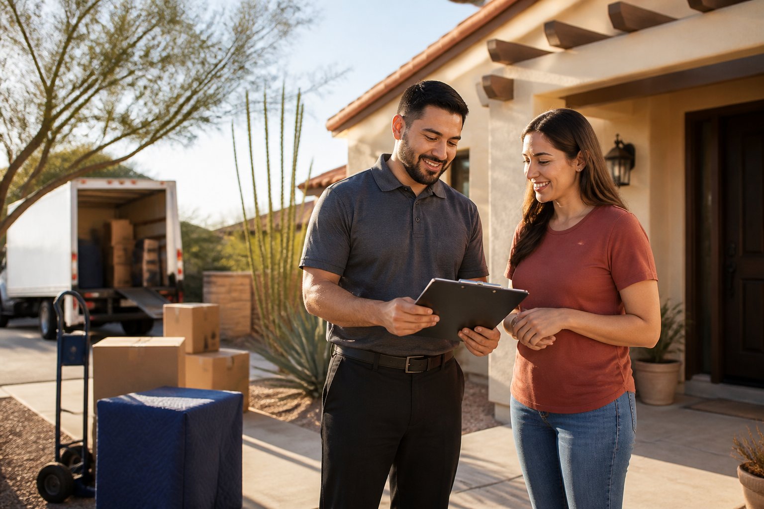 A moving consultant discusses an estimate with a homeowner outside a Southwestern-style house, with boxes and moving equipment nearby.