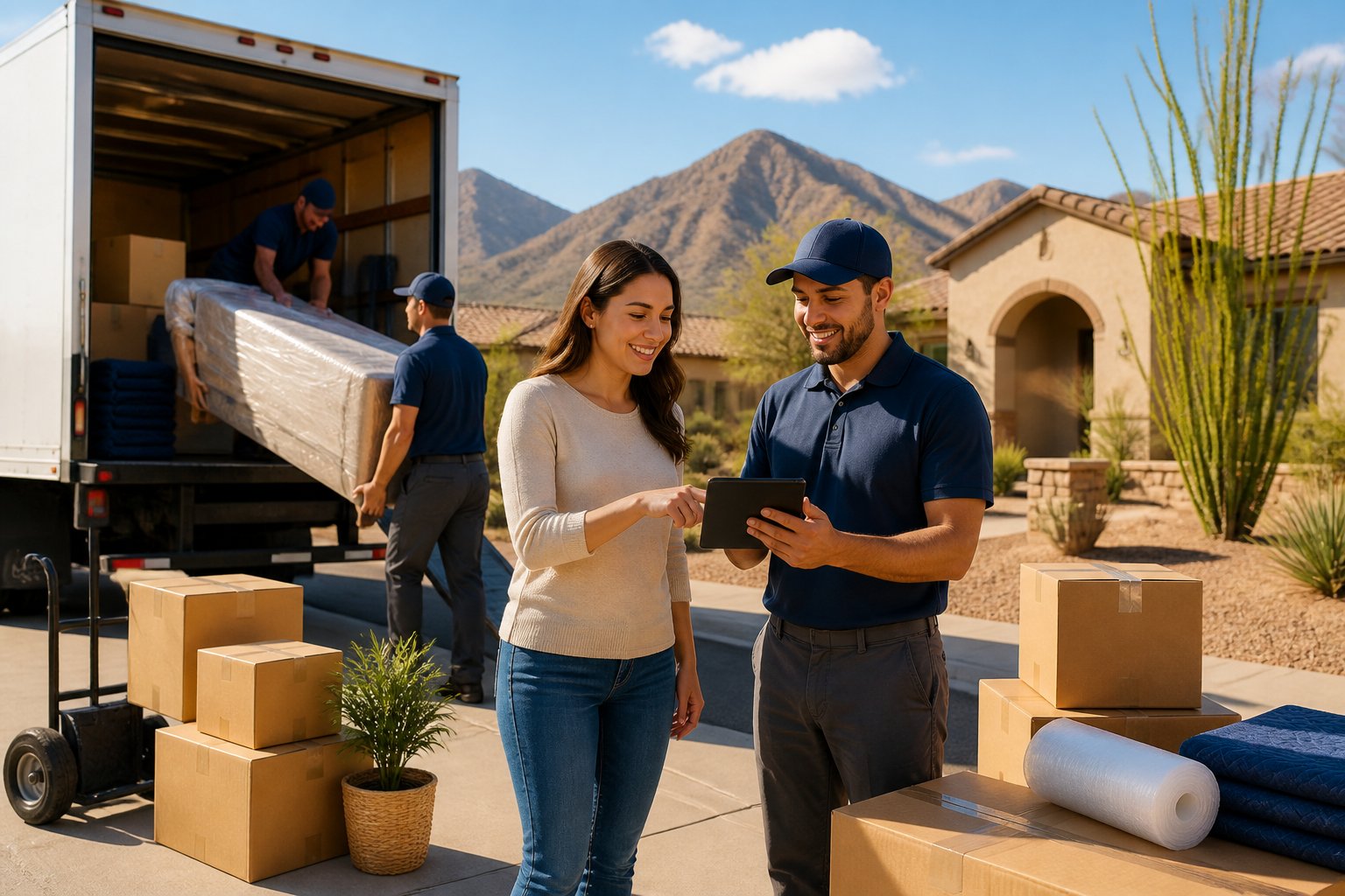 Movers carry boxes outside a Southwestern-style home while a homeowner reviews information on a tablet.