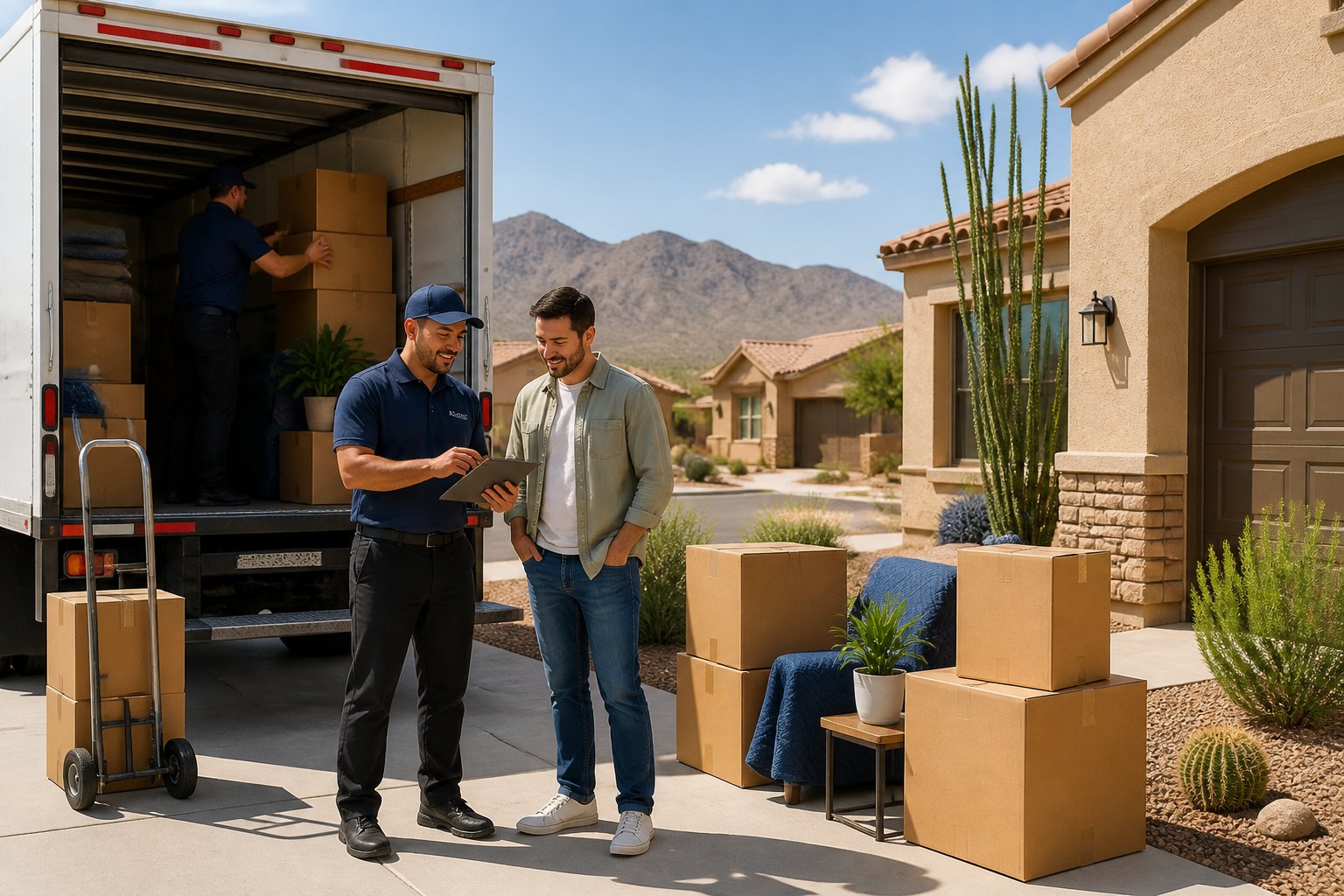 A mover discusses a household relocation with a homeowner beside a moving truck outside a Southwestern home.