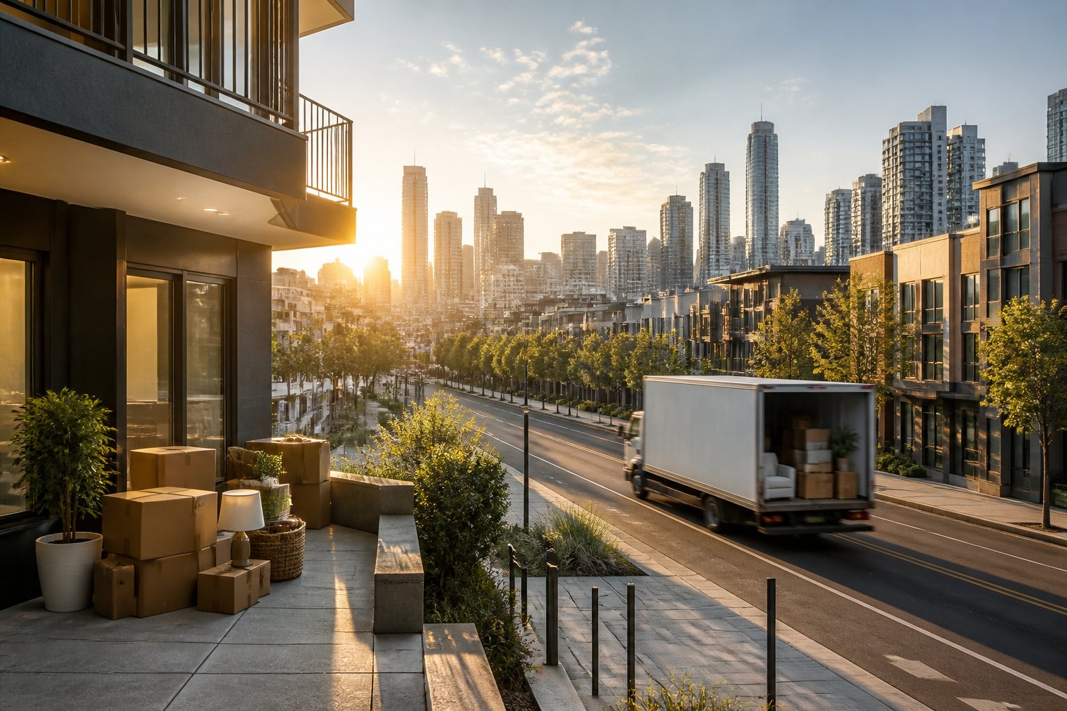 A city skyline on the horizon with a moving truck and packed boxes outside a modern apartment building.