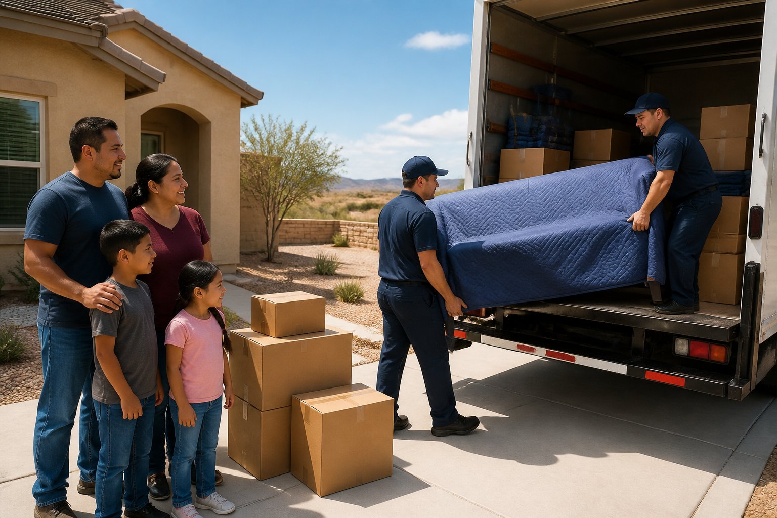 A family watches professional movers load boxes and furniture into a moving truck outside their home.