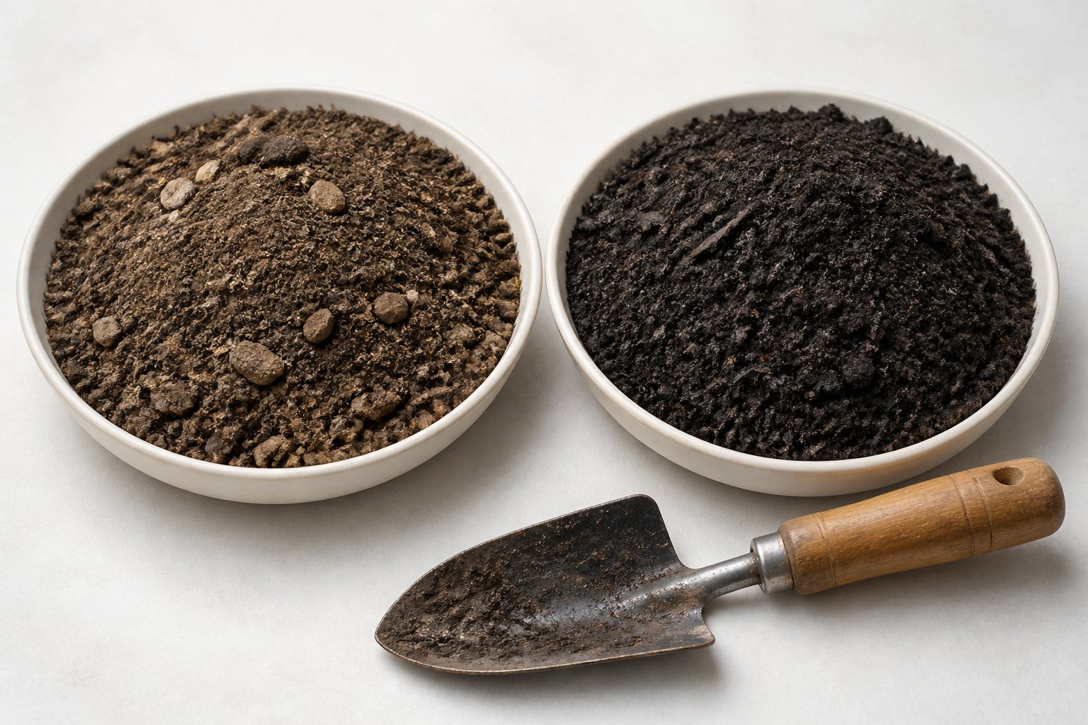 Two contrasting soil samples are displayed side by side in shallow containers, with a gardening trowel nearby.