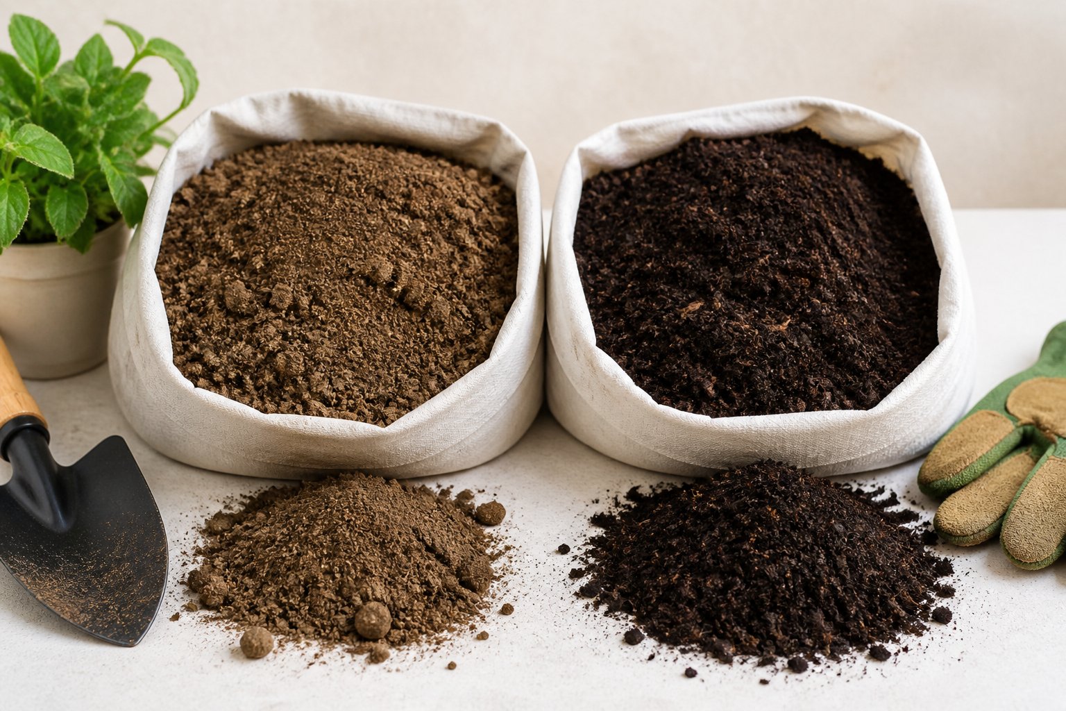 Two distinct soil samples are displayed side by side with gardening tools and a small green plant.