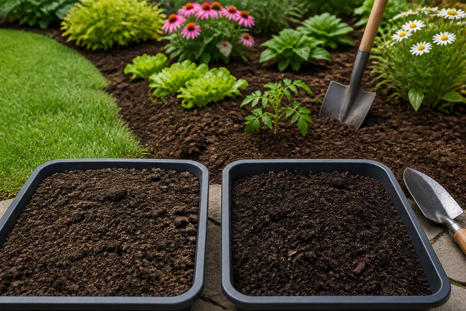 Two types of soil displayed beside garden plants and landscaping tools.