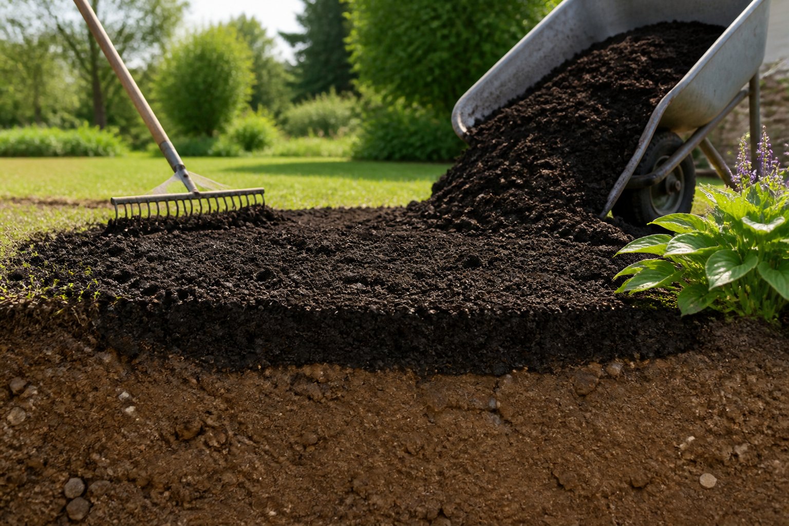 Topsoil being spread over a landscaped patch of ground beside young grass and plants.