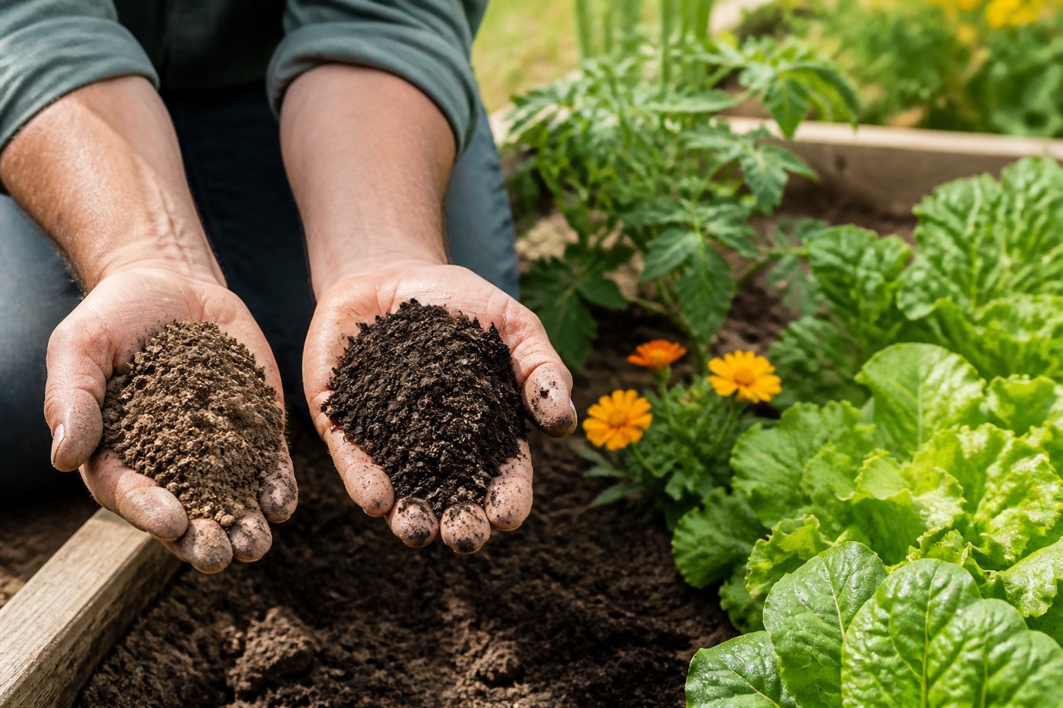 A gardener compares coarse topsoil with dark, rich garden soil beside a thriving garden bed.