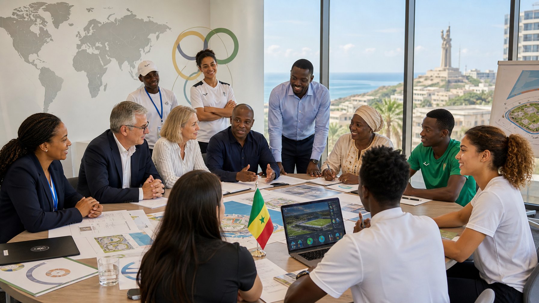 Perwakilan IOC, penyelenggara Senegal, atlet muda, pelatih, dan relawan berkolaborasi dalam rapat persiapan Olimpiade Dakar 2026.