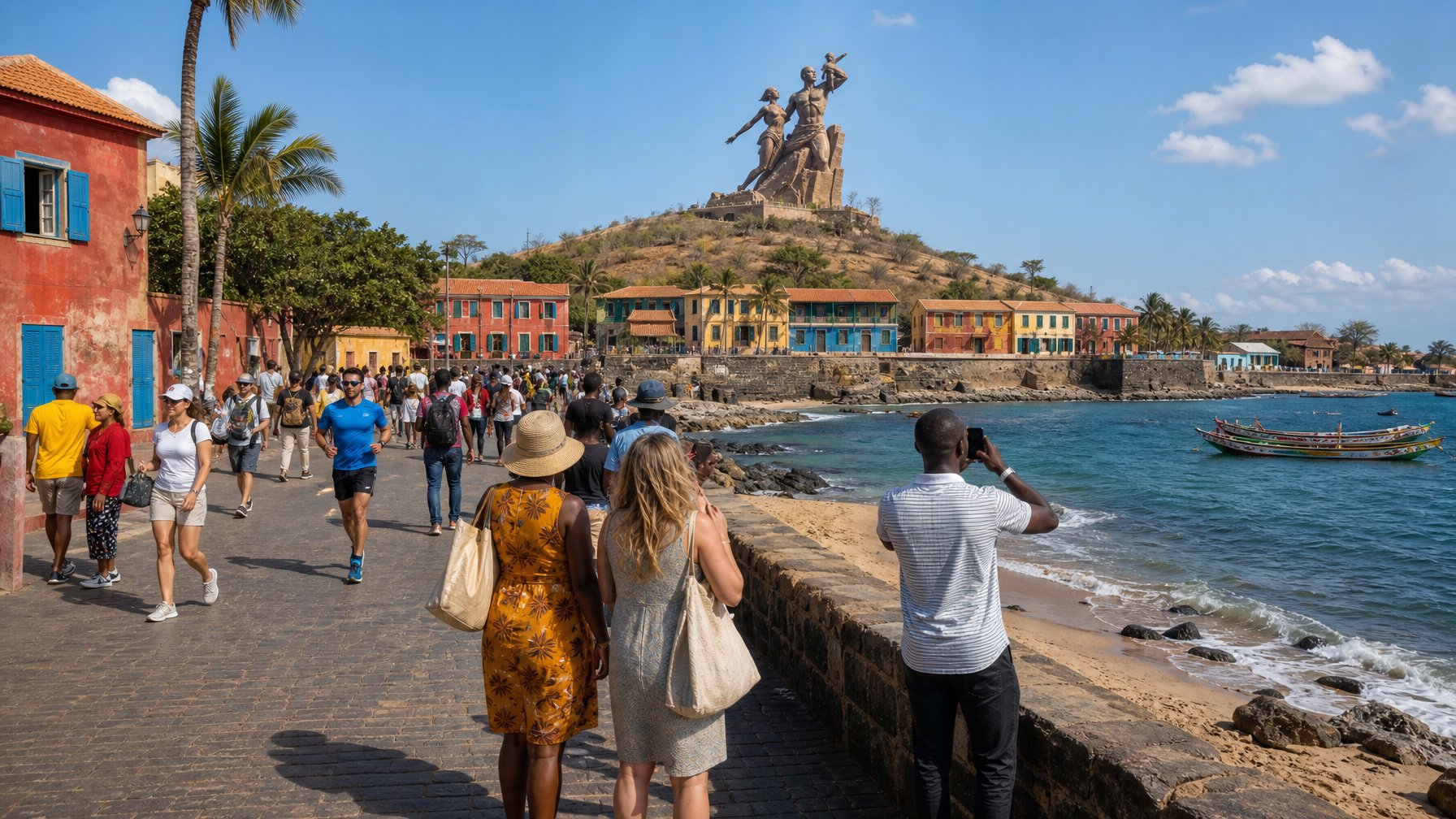 Wisatawan dan warga menikmati pemandangan pesisir Dakar dengan Monumen Renaisans Afrika dan perahu nelayan di latar belakang.