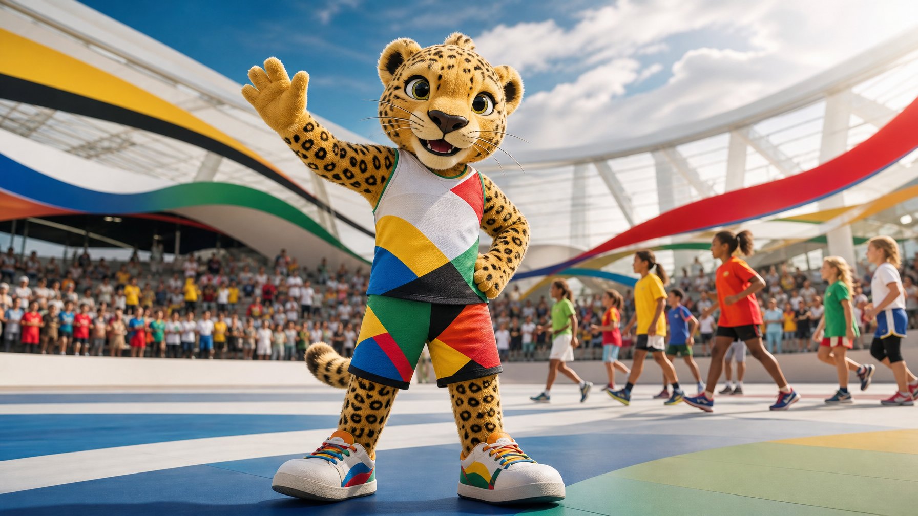 Maskot Ayo berdiri dengan pose ramah dan energik di lingkungan stadion olahraga modern.