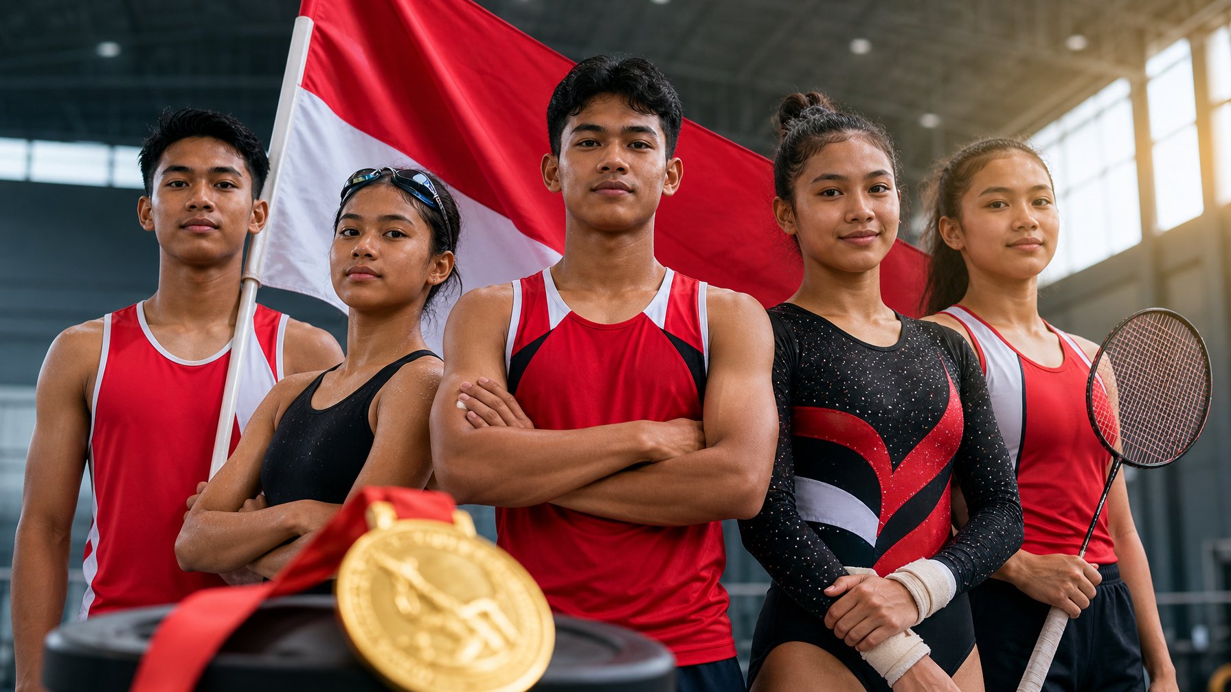 Sekelompok atlet remaja Indonesia berdiri percaya diri bersama medali emas di fasilitas latihan olahraga.