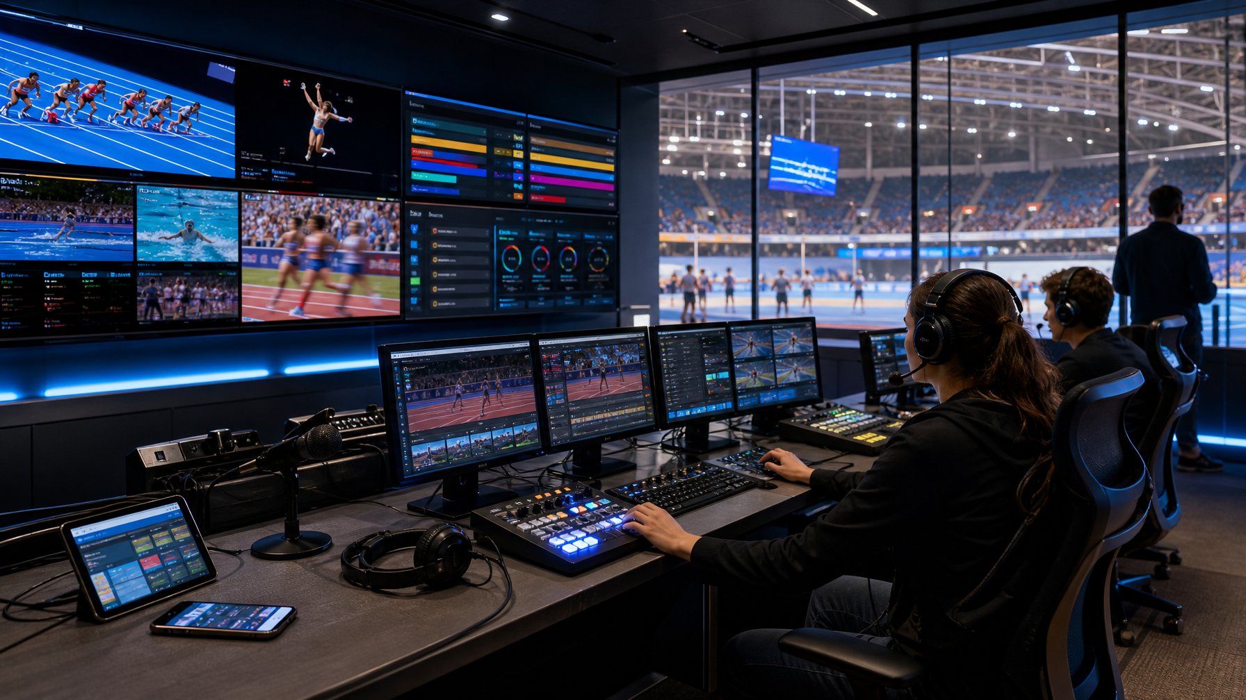 Ruang kontrol siaran olahraga modern dengan layar, perangkat streaming, dan arena Olimpiade Remaja di latar belakang.