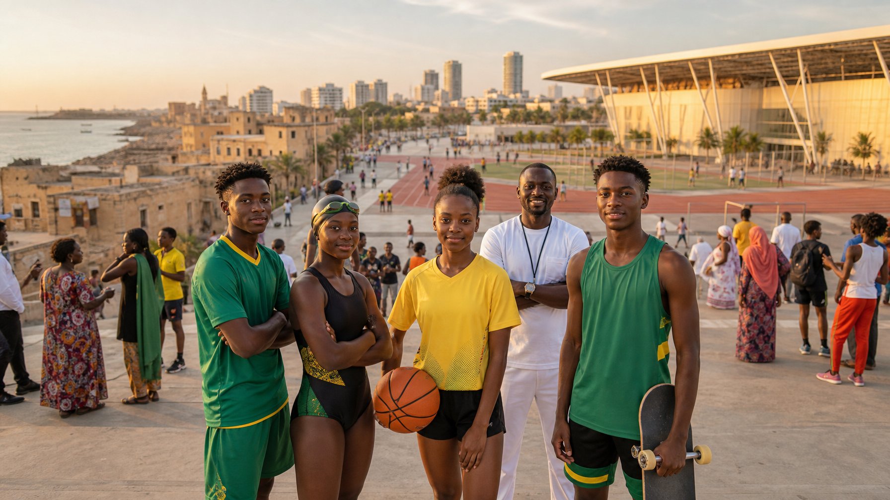 Atlet muda Senegal berdiri bersama di depan stadion modern di Dakar dengan suasana persiapan Olimpiade Remaja.