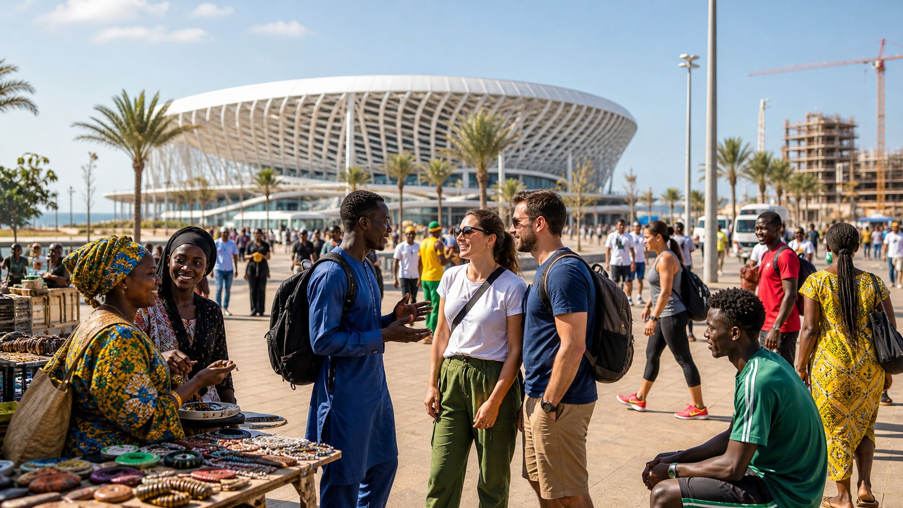 Wisatawan, atlet, dan warga Senegal beraktivitas di sekitar kawasan olahraga dan pasar kota yang ramai.