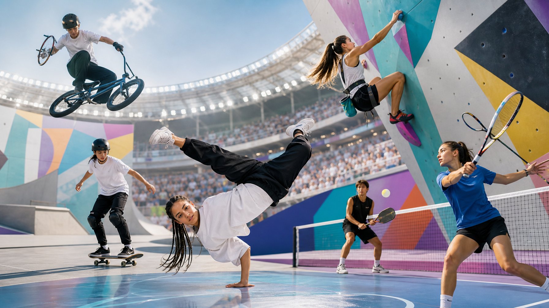 Atlet remaja dari berbagai cabang olahraga baru bertanding di arena Olimpiade dengan penonton di latar belakang.