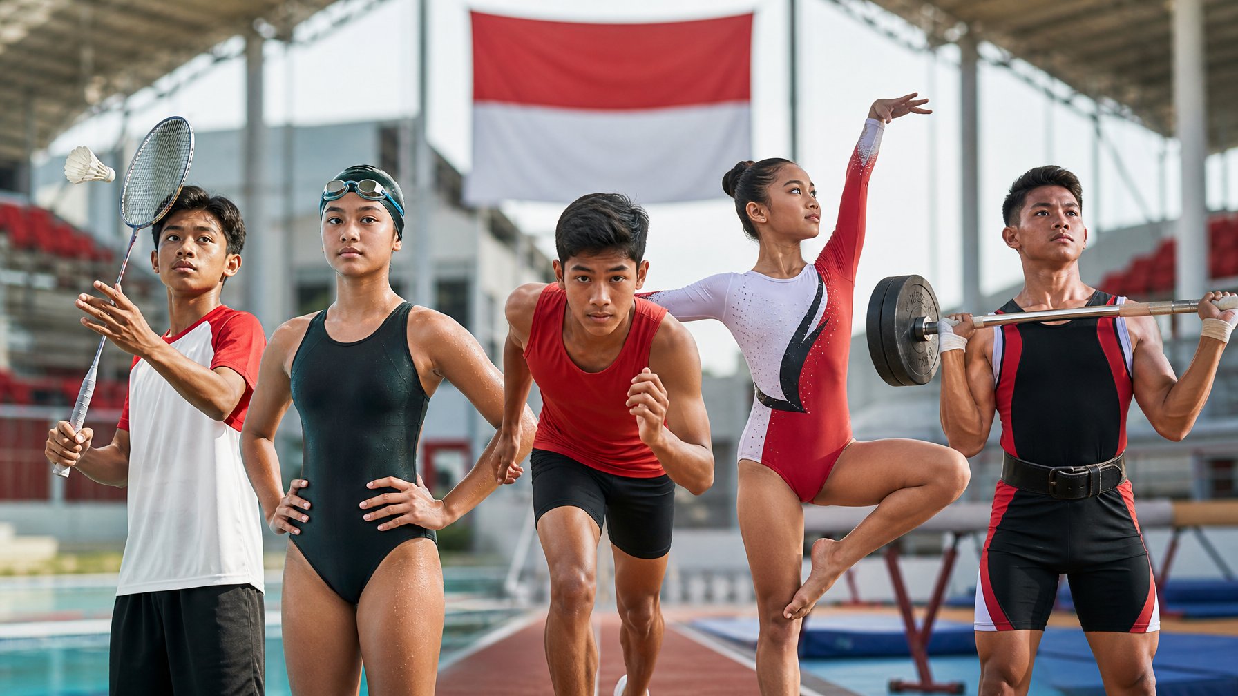 Sekelompok atlet muda Indonesia berlatih dalam berbagai cabang olahraga di kompleks olahraga modern.